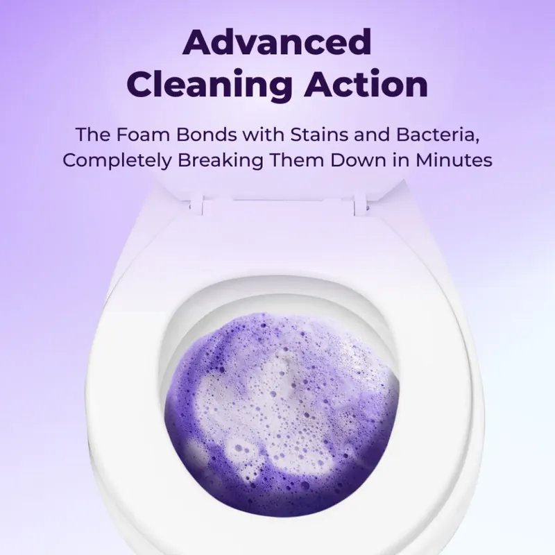 FizzClean advanced cleaning action foam expanding inside a toilet bowl