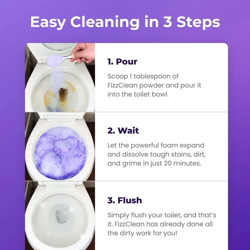FizzClean easy cleaning steps: pour, wait, flush